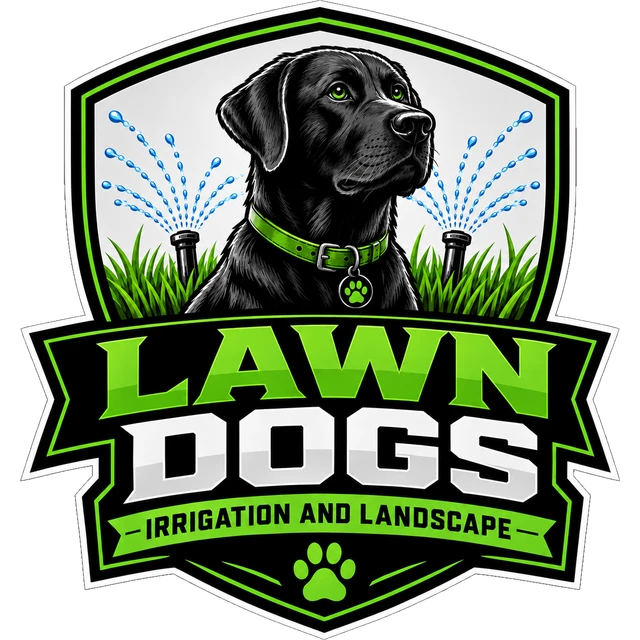 Lawn Dogs Irrigation and Landscape badge: a black lab in a green collar between two sprinklers